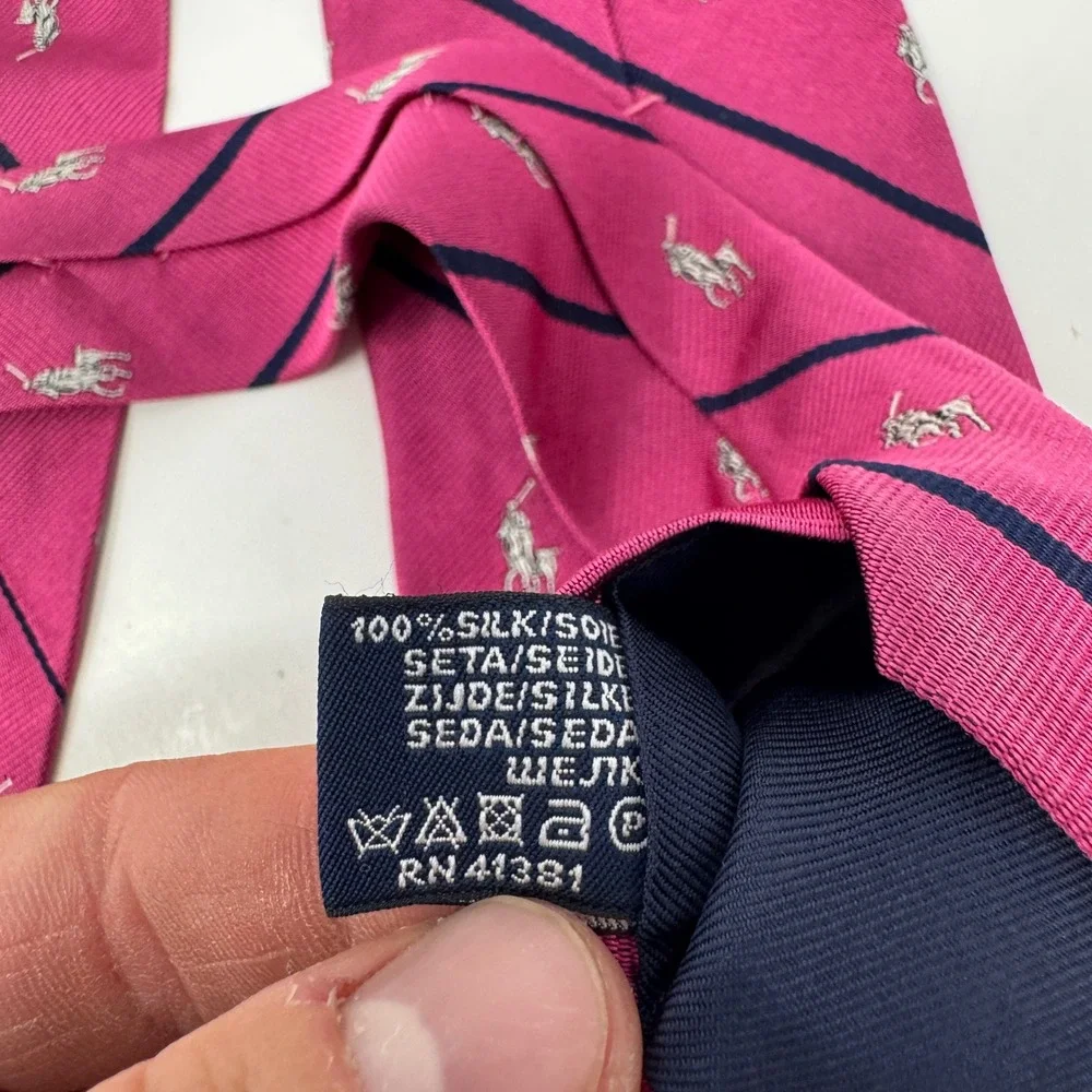 Polo Ralph Lauren Silk Tie Pink Navy Blue Stripe Pony Logo Hand Made Italy